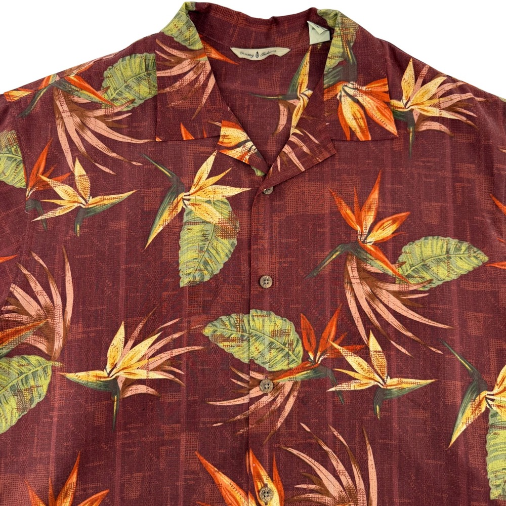 Tommy Bahama Men's M Hawaiian Shirt‎ Bird of Paradise Silk Burgundy Polo Casual